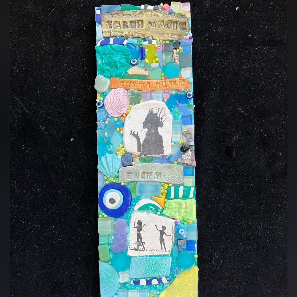Handmade Mosaic Art “Earth Magic”Polymer Clay/Glass Original On Wood 12”x4”